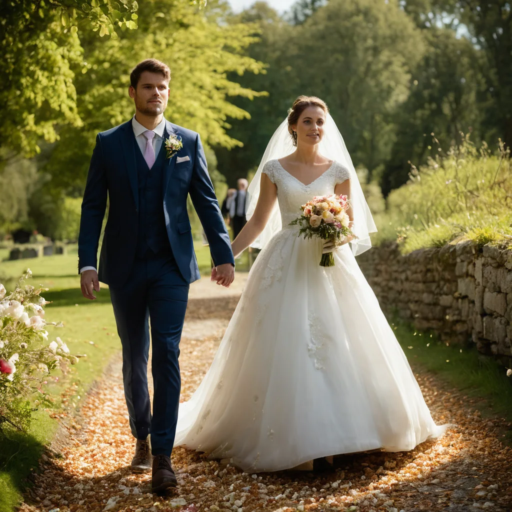A bride and groom walking hand in hand on a gravel path in a garden setting.