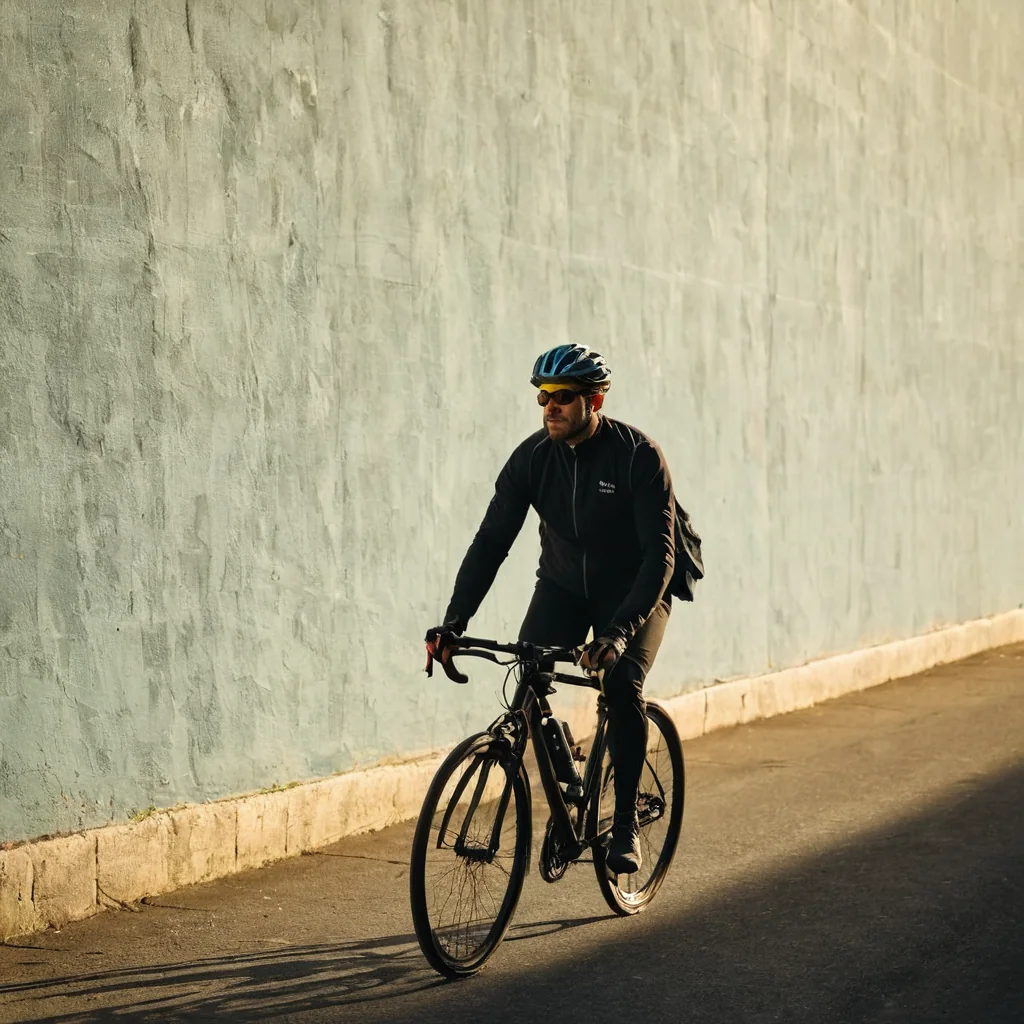 Man cycling on a paved path next to a green wall in bright sunlight