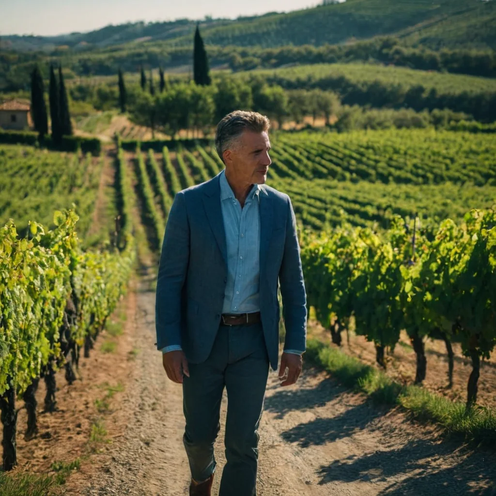 Man in blue suit walking through vineyard on sunny day