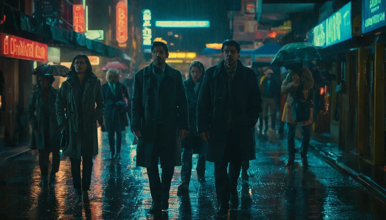 People walking in rain under neon lights on a wet city street at night.