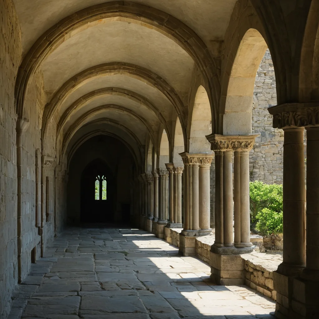 Sunlit stone cloister with arched walkway and columns